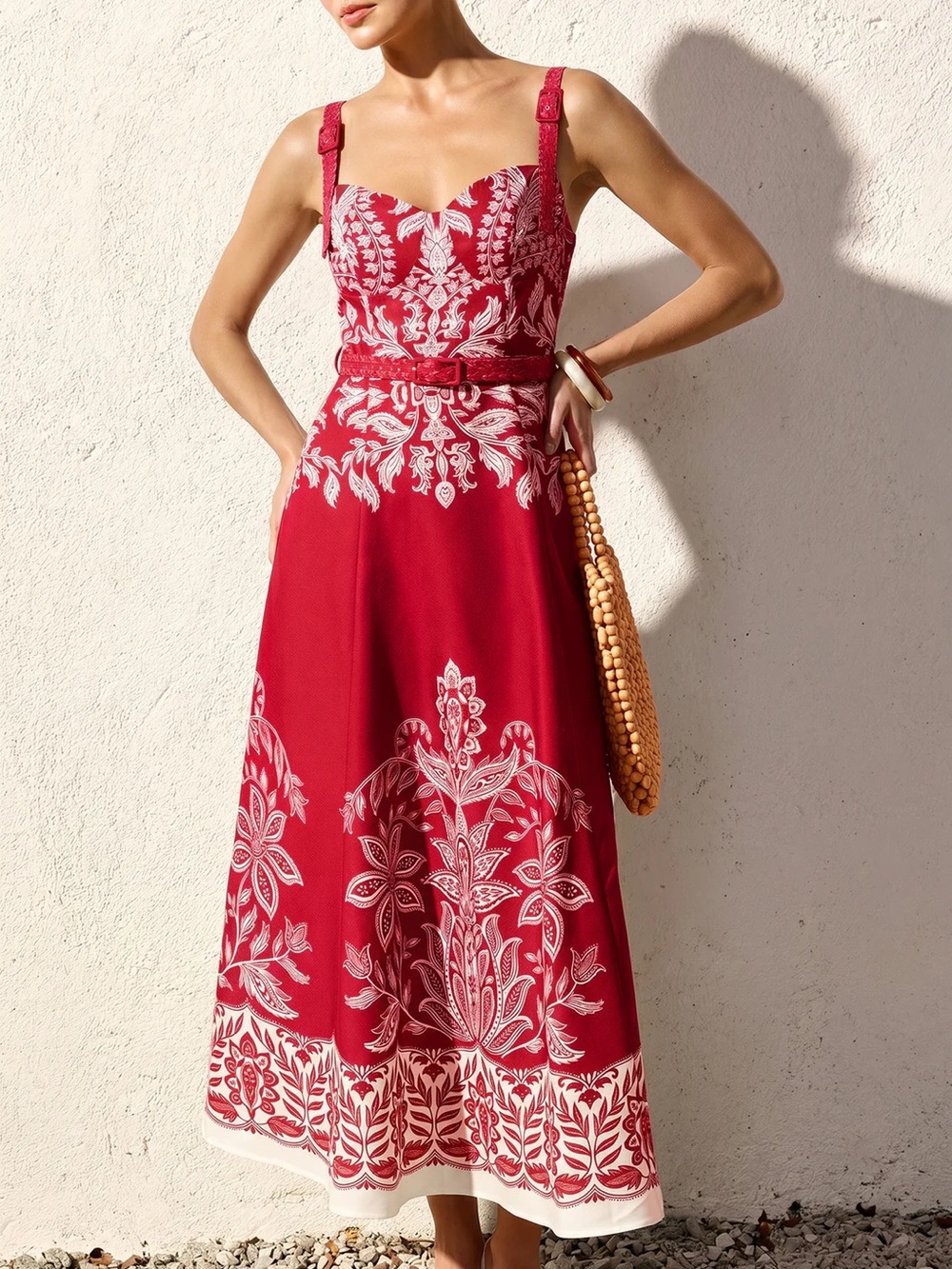 Commense Red Baroque Floral Print Belted Cami Maxi Dress